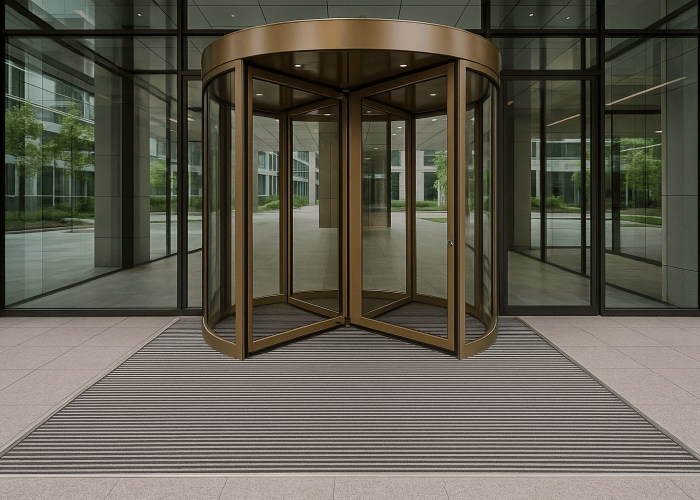 Nowoczesne wejście z obrotowymi drzwiami